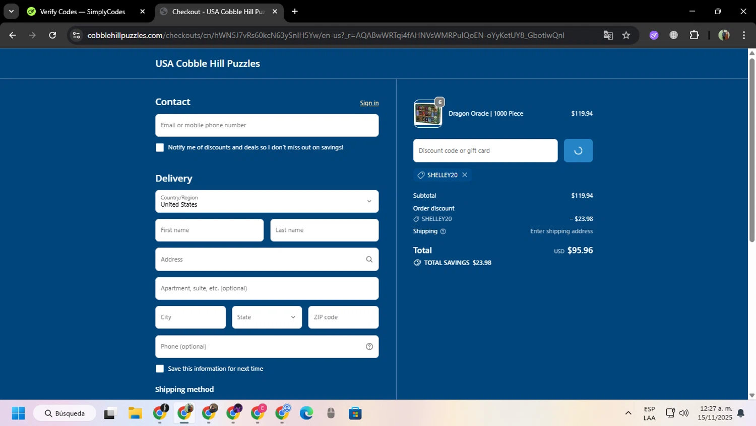 Cobble Hill discount code screenshot showing code SHELLEY20 applied at Cobble Hill checkout page. Uploaded by SimplyCodes community member MoneySentinel7597 on Nov 15, 2025