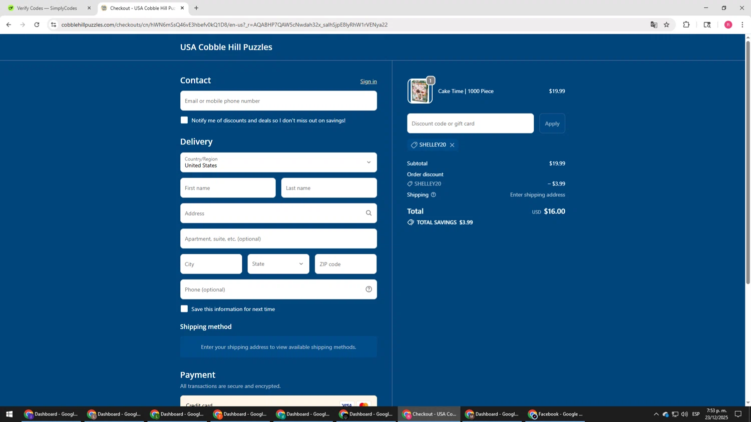 Cobble Hill discount code screenshot showing code SHELLEY20 applied at Cobble Hill checkout page. Uploaded by SimplyCodes community member TTTT55 on Dec 23, 2025
