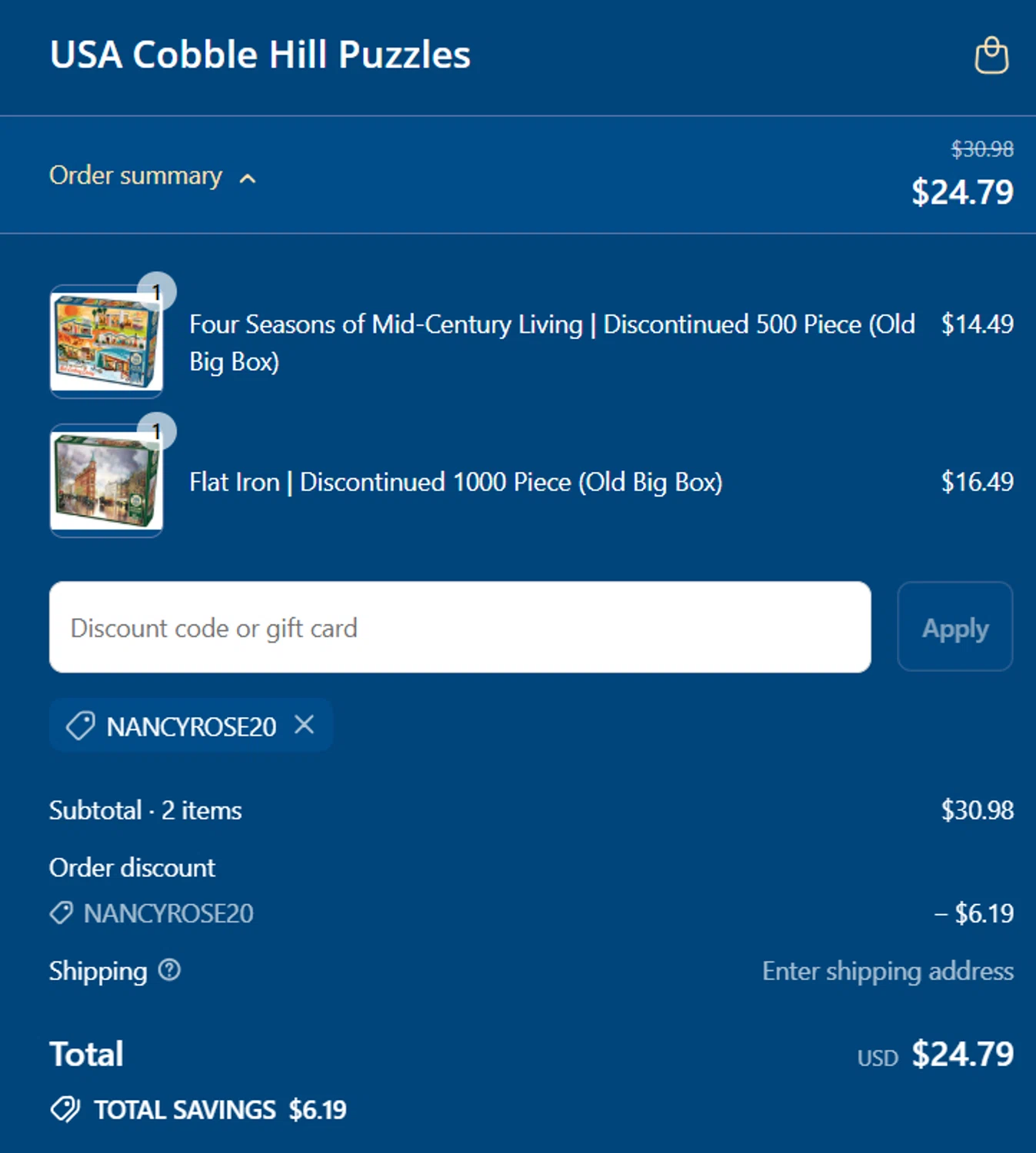Cobble Hill discount code screenshot showing code NANCYROSE20 applied at Cobble Hill checkout page. Uploaded by SimplyCodes community member yokoono10 on Aug 11, 2025