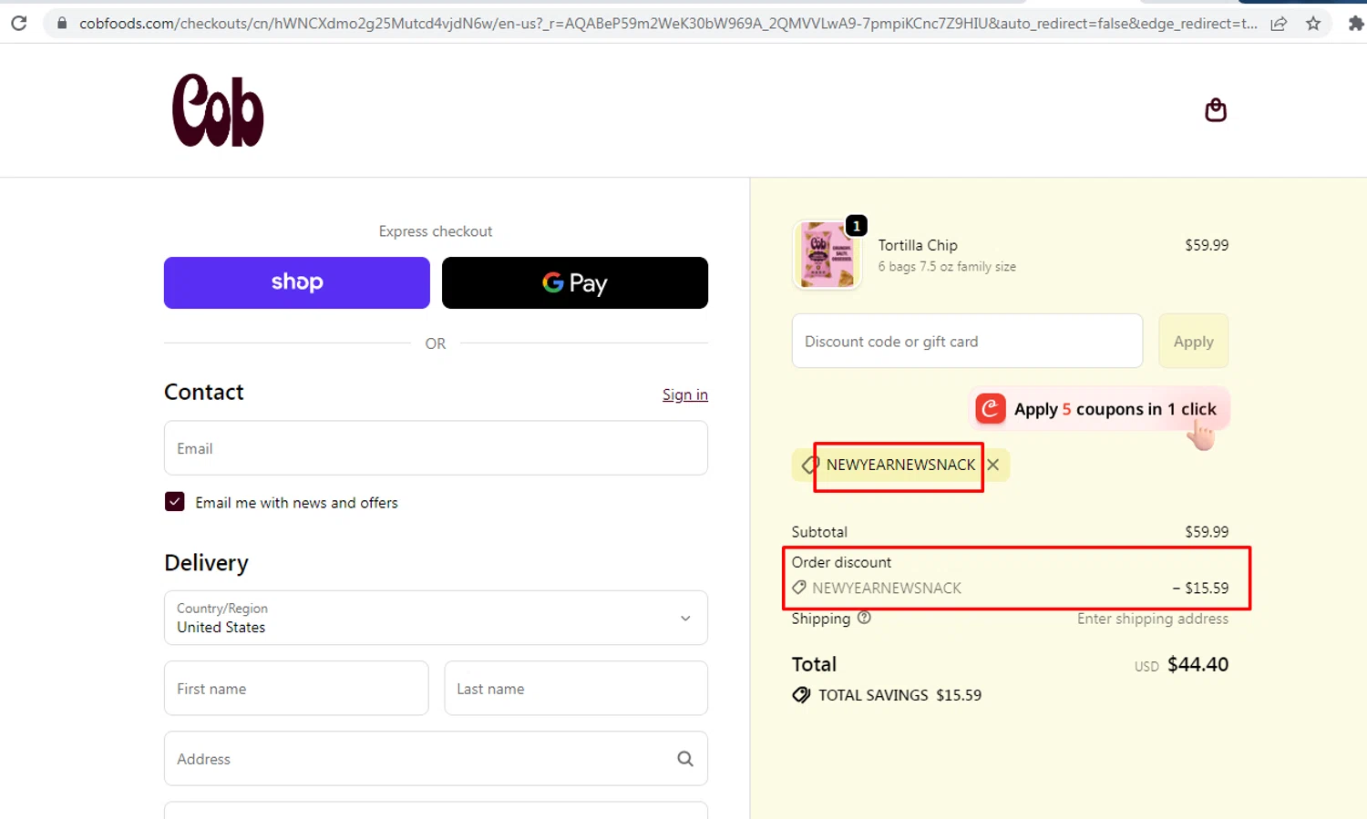 Cob Foods promo code screenshot showing code NEWYEARNEWSNACK applied at Cob Foods checkout page. Uploaded by SimplyCodes community member nileskamarcano on May 24, 2026