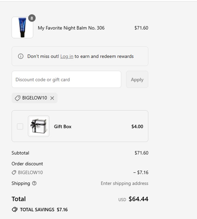 C.O. Bigelow Apothecaries checkout page showing C.O. Bigelow Apothecaries promo code box | Screenshot taken by SimplyCodes community member on Sep 8, 2025