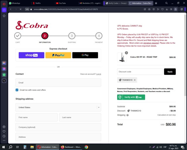 Cobra checkout page showing Cobra discount code box | Screenshot taken by SimplyCodes community member on Aug 21, 2023