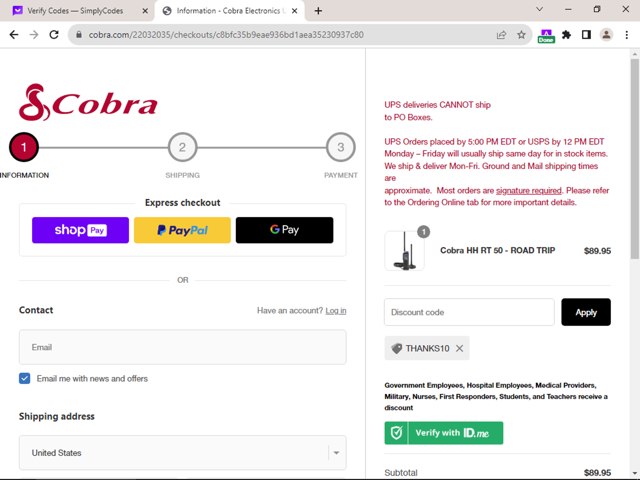 Cobra checkout page showing Cobra discount code box | Screenshot taken by SimplyCodes community member on Sep 19, 2023