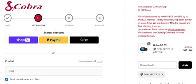 Cobra checkout page showing Cobra discount code box | Screenshot taken by SimplyCodes community member on Jan 24, 2024