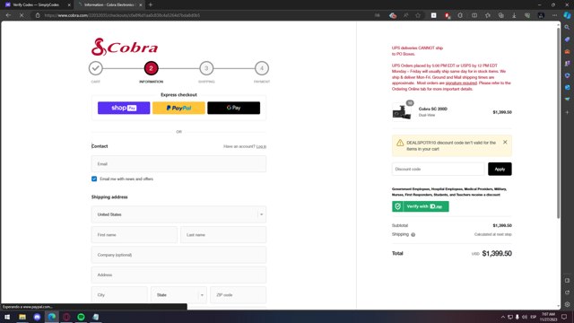 Cobra checkout page showing Cobra discount code box | Screenshot taken by SimplyCodes community member on Nov 27, 2023