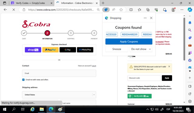 Cobra checkout page showing Cobra discount code box | Screenshot taken by SimplyCodes community member on Oct 29, 2023
