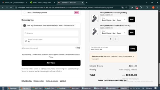 Cobra Golf checkout page showing Cobra Golf discount code box | Screenshot taken by SimplyCodes community member on Sep 12, 2025