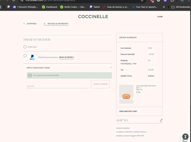 Coccinelle checkout page showing Coccinelle promo code box | Screenshot taken by SimplyCodes community member on Sep 11, 2025
