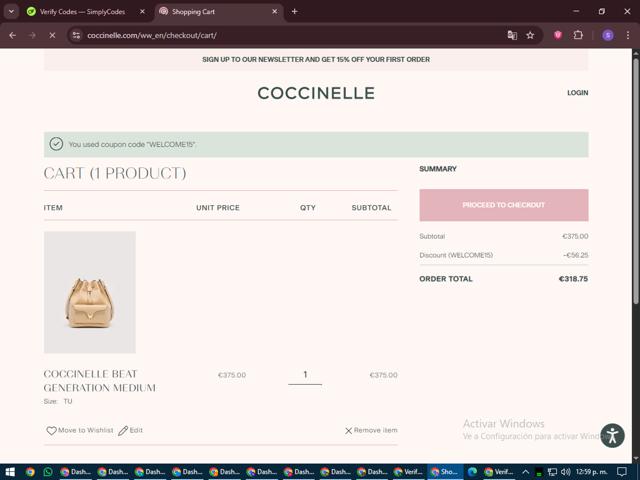 Coccinelle checkout page showing Coccinelle promo code box | Screenshot taken by SimplyCodes community member on Jul 3, 2025