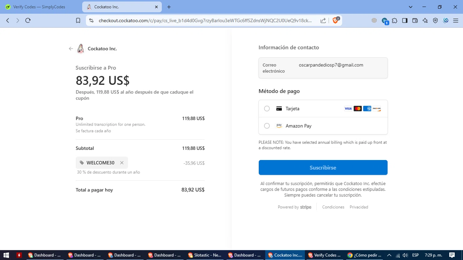 Cockatoo promo code screenshot showing code WELCOME30 applied at Cockatoo checkout page. Uploaded by SimplyCodes community member SmartFinder4794 on Mar 27, 2025