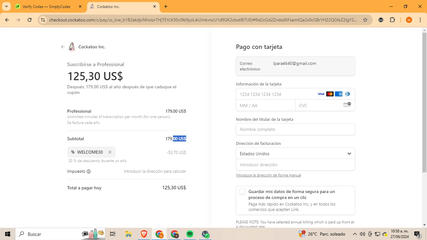 Cockatoo checkout page showing Cockatoo promo code box | Screenshot taken by SimplyCodes community member on Sep 27, 2024