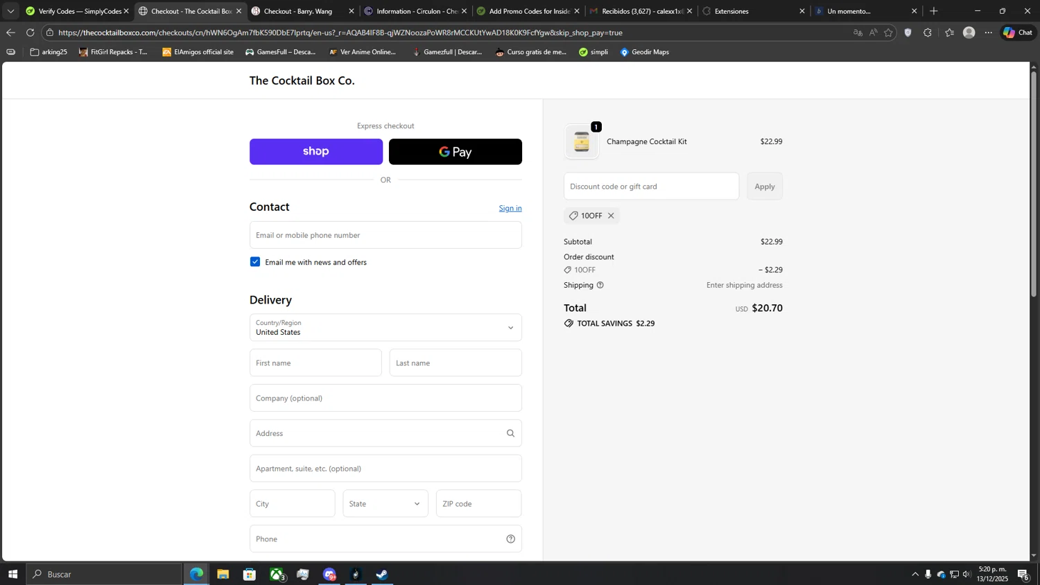 The Cocktail Box Co. promo code screenshot showing code 10OFF applied at The Cocktail Box Co. checkout page. Uploaded by SimplyCodes community member CoinLegend5168 on Dec 13, 2025