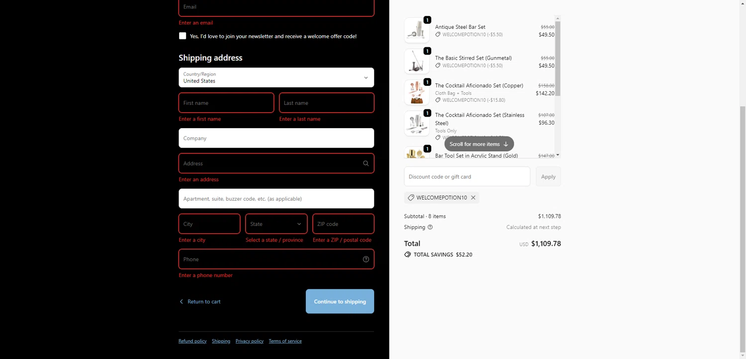 Cocktail Emporium discount code screenshot showing code WELCOMEPOTION10 applied at Cocktail Emporium checkout page. Uploaded by SimplyCodes community member CrownTiger6508 on Dec 26, 2025
