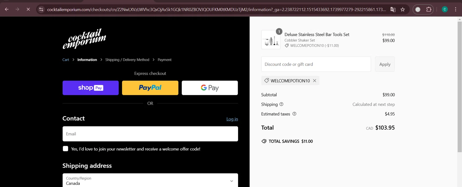 Cocktail Emporium discount code screenshot showing code WELCOMEPOTION10 applied at Cocktail Emporium checkout page. Uploaded by SimplyCodes community member Negritoo on Feb 19, 2025