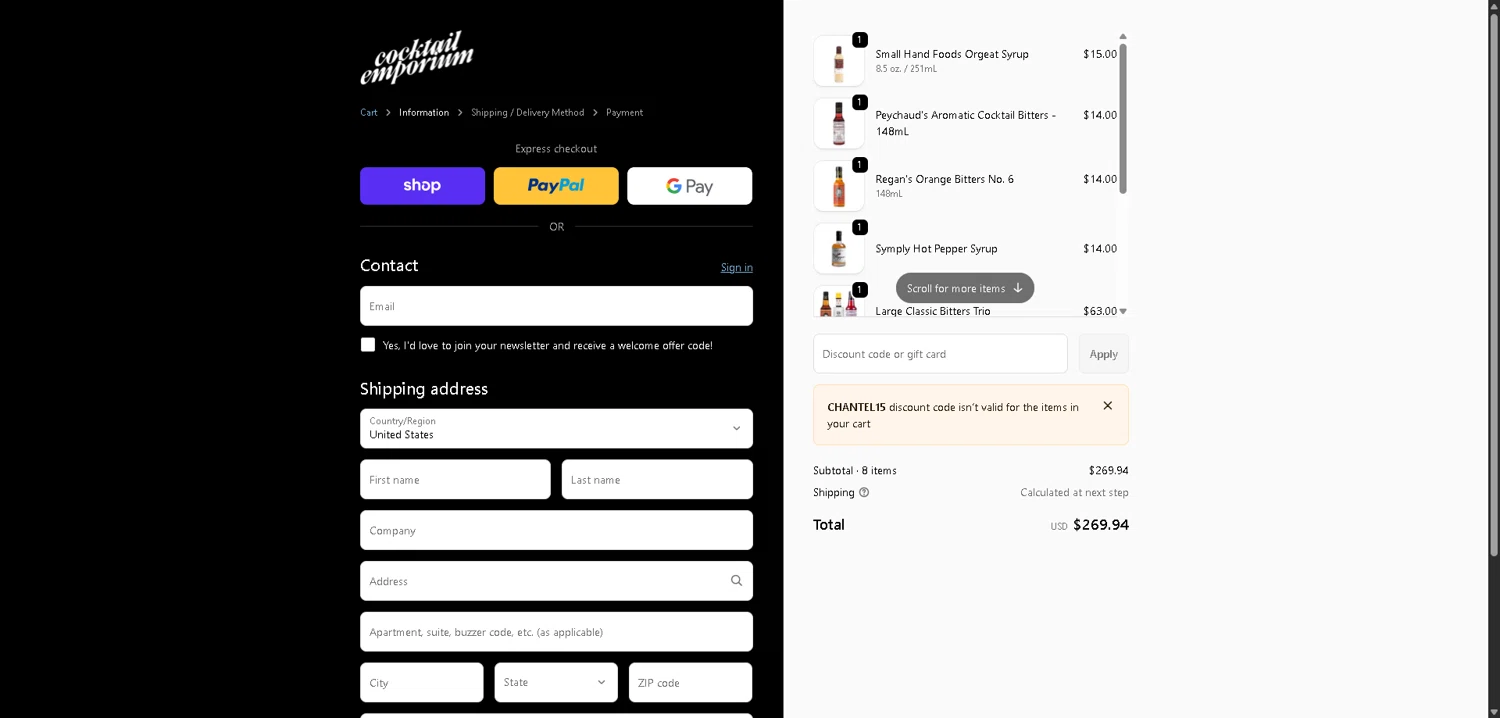 Cocktail Emporium discount code screenshot showing code CHANTEL15 applied at Cocktail Emporium checkout page. Uploaded by SimplyCodes community member CleverLynx8583 on Dec 26, 2025
