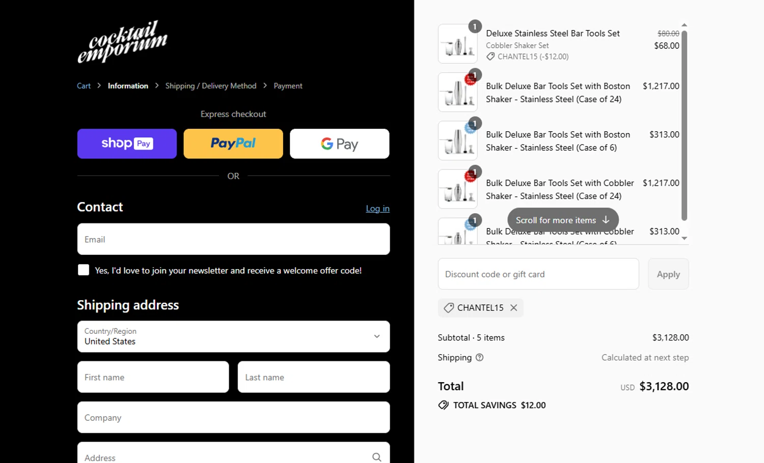 Cocktail Emporium discount code screenshot showing code CHANTEL15 applied at Cocktail Emporium checkout page. Uploaded by SimplyCodes community member VictoriousFinder8211 on Jul 30, 2025