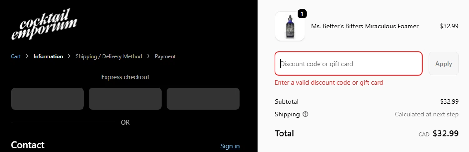 Cocktail Emporium discount code screenshot showing code BFCM2025 applied at Cocktail Emporium checkout page. Uploaded by SimplyCodes community member couponcheck02 on Dec 3, 2025