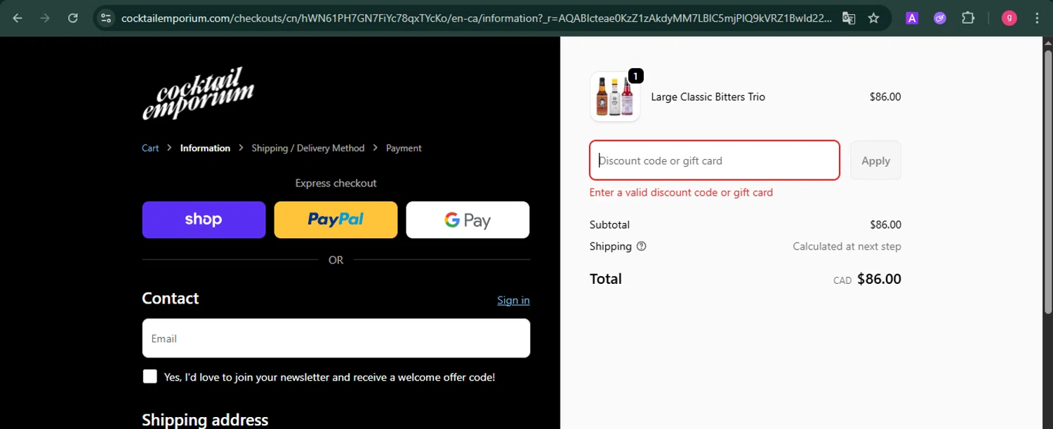 Cocktail Emporium discount code screenshot showing code BFCM2025 applied at Cocktail Emporium checkout page. Uploaded by SimplyCodes community member MoneyFalcon481 on Dec 4, 2025