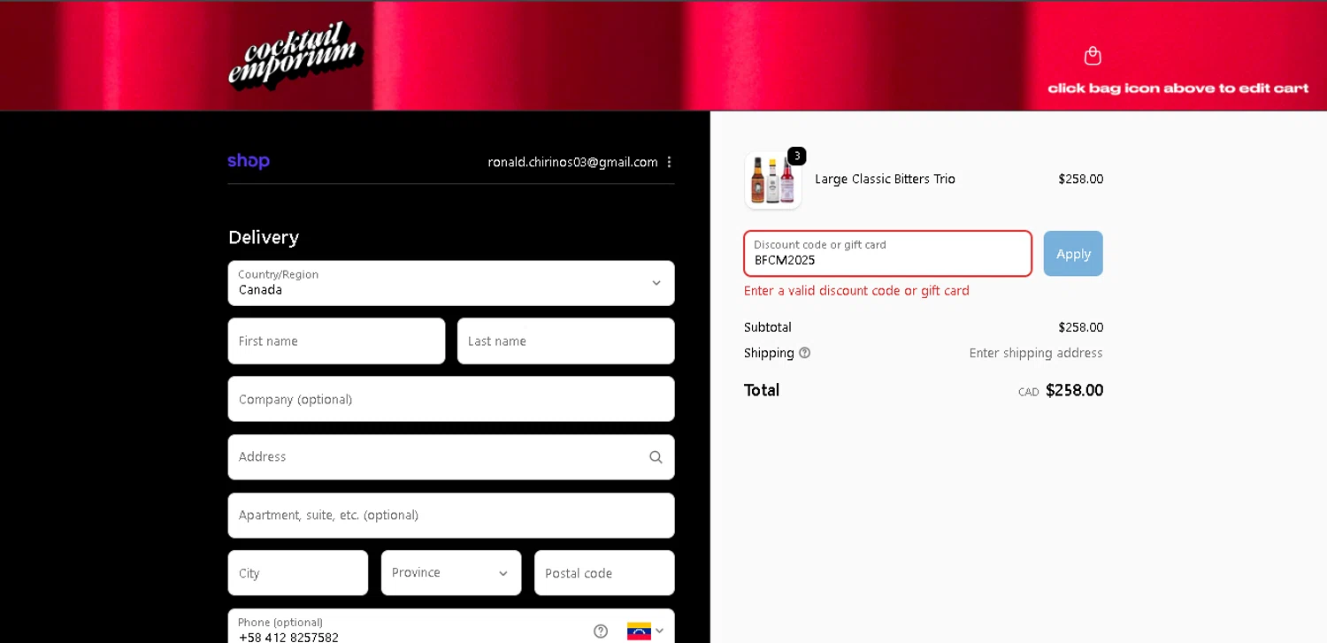 Cocktail Emporium discount code screenshot showing code BFCM2025 applied at Cocktail Emporium checkout page. Uploaded by SimplyCodes community member SmartWhiz589 on Dec 4, 2025