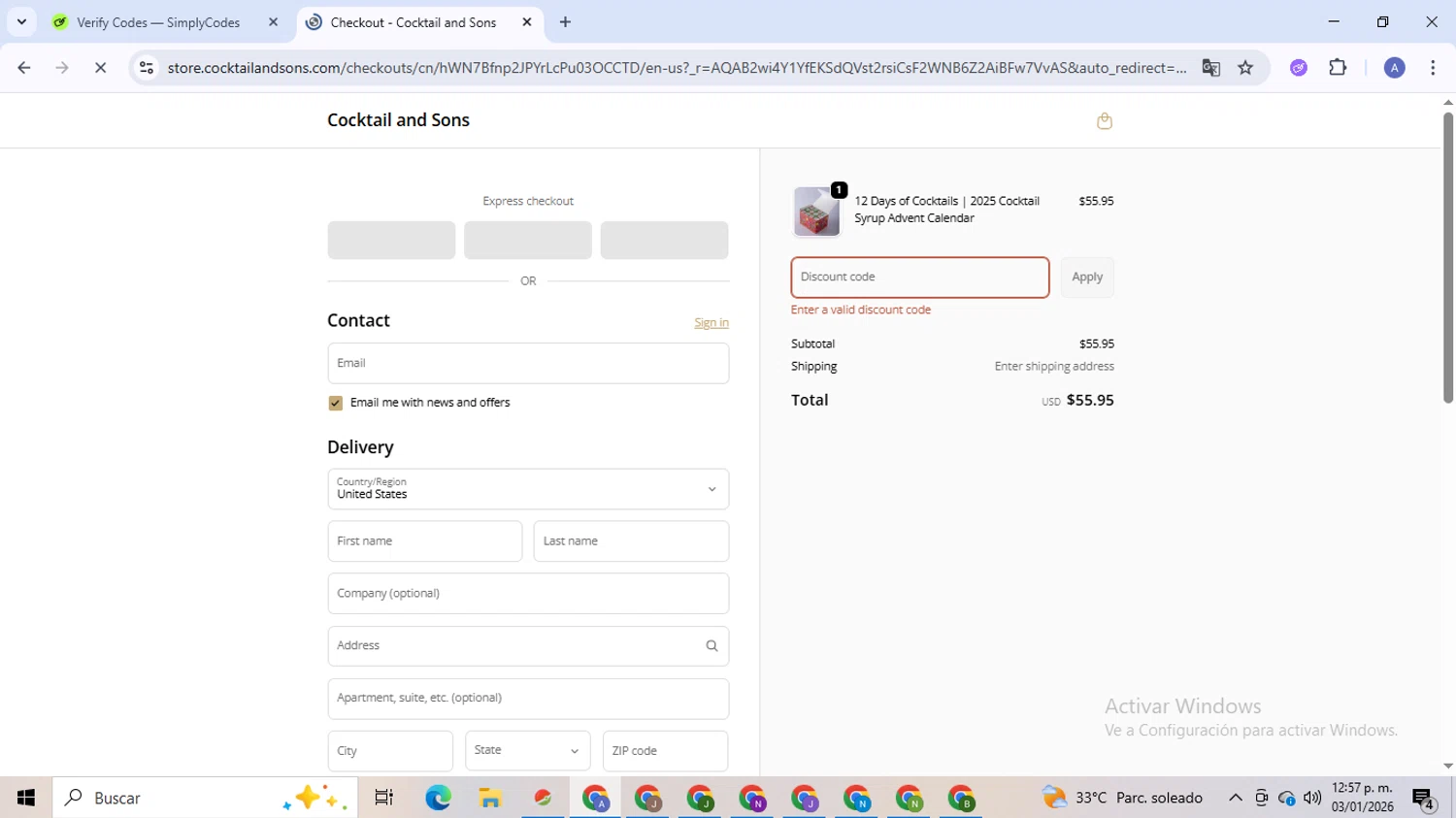 Cocktail & Sons promo code screenshot showing code GRENADINE2025 applied at Cocktail & Sons checkout page. Uploaded by SimplyCodes community member TreasureCaptain5531 on Jan 3, 2026