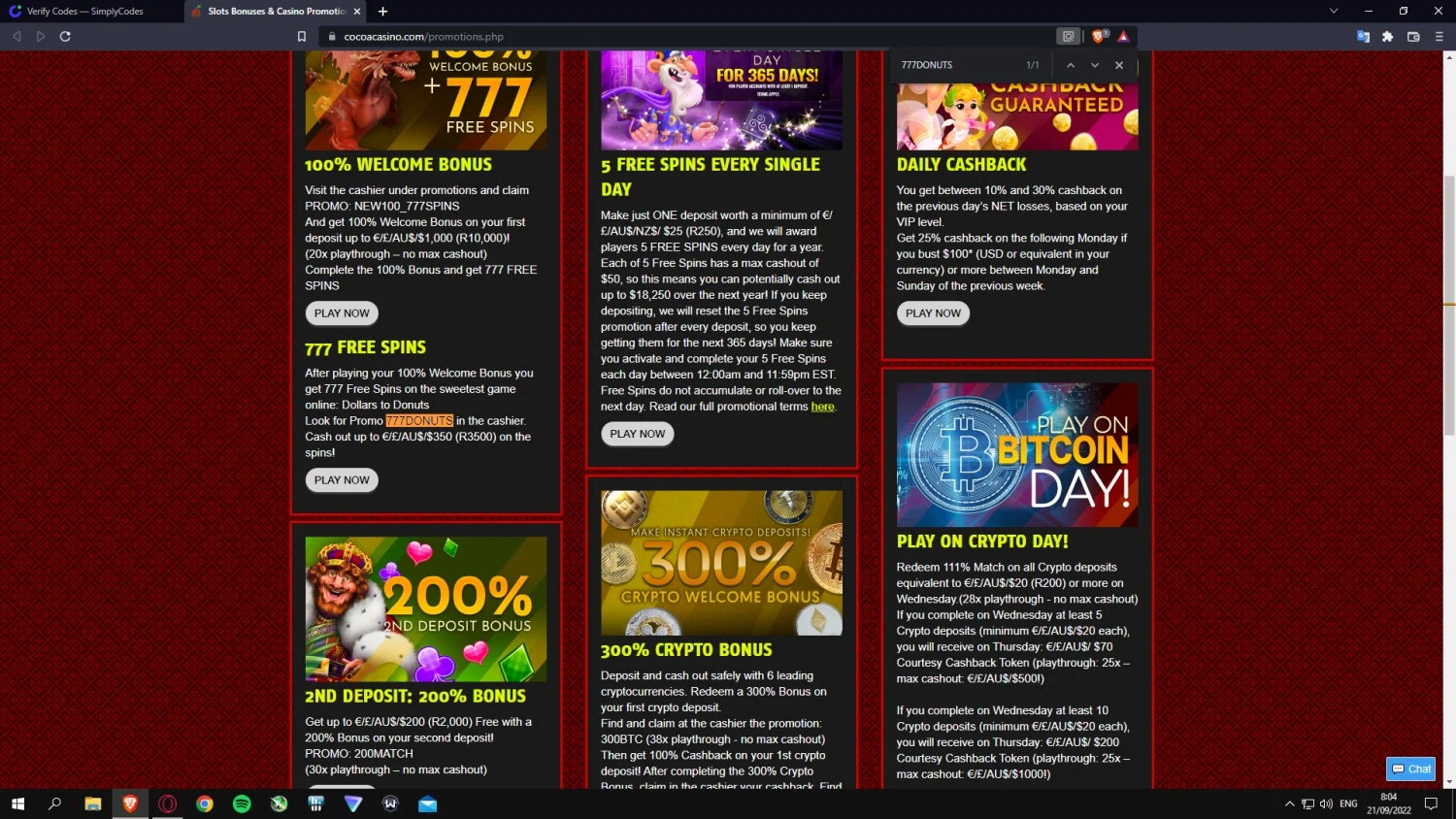 Cocoa Casino checkout page showing Cocoa Casino promo code box | Screenshot taken by SimplyCodes community member on Sep 21, 2022