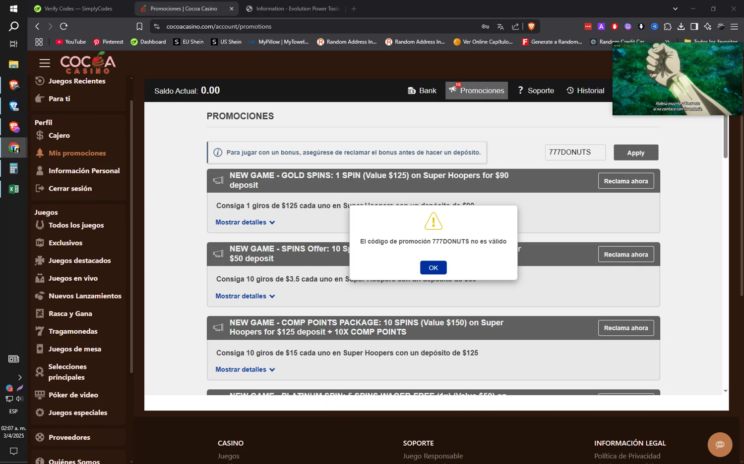 Cocoa Casino promo code screenshot showing code 777DONUTS applied at Cocoa Casino checkout page. Uploaded by SimplyCodes community member ilarrazaM1 on Apr 3, 2025