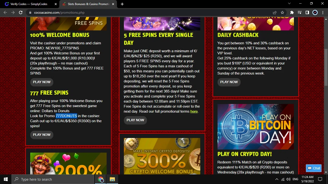 Cocoa Casino checkout page showing Cocoa Casino promo code box | Screenshot taken by SimplyCodes community member on May 19, 2022
