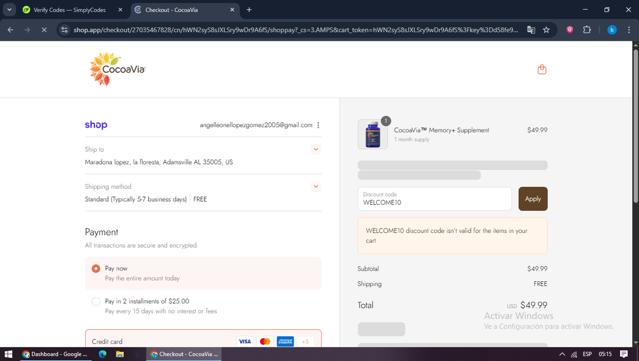 CocoaVia checkout page showing CocoaVia promo code box | Screenshot taken by SimplyCodes community member on Sep 12, 2025