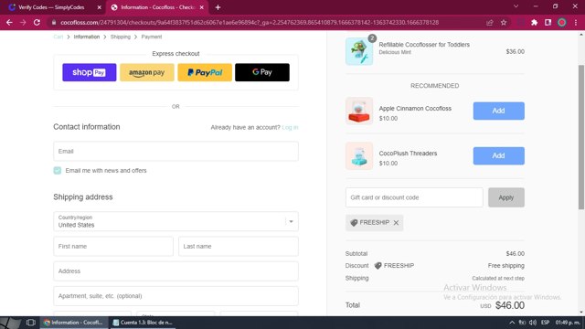 Cocofloss checkout page showing Cocofloss discount code box | Screenshot taken by SimplyCodes community member on Oct 22, 2022