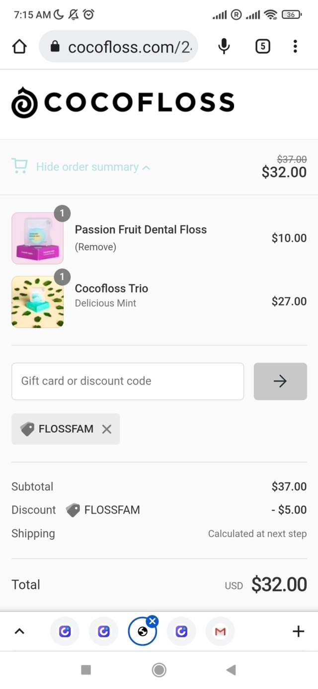 Cocofloss checkout page showing Cocofloss discount code box | Screenshot taken by SimplyCodes community member on Oct 25, 2022