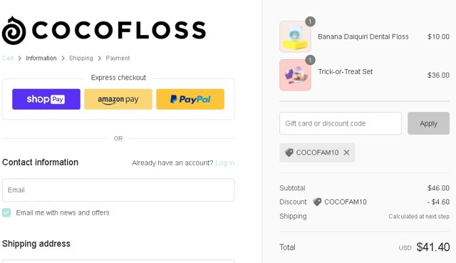 Cocofloss checkout page showing Cocofloss discount code box | Screenshot taken by SimplyCodes community member on Oct 28, 2022