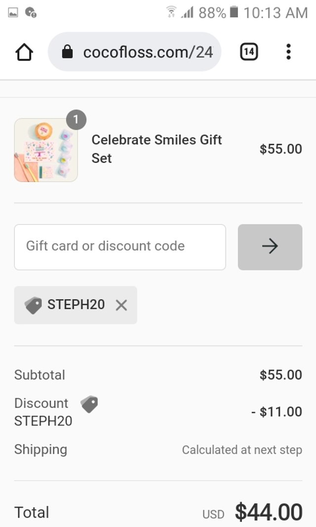 Cocofloss checkout page showing Cocofloss discount code box | Screenshot taken by SimplyCodes community member on Sep 21, 2022