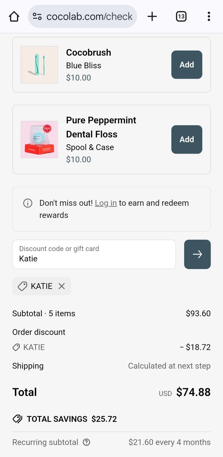 Cocolab promo code screenshot showing code Katie applied at Cocolab checkout page. Uploaded by SimplyCodes community member KarinaHZ on Apr 20, 2025