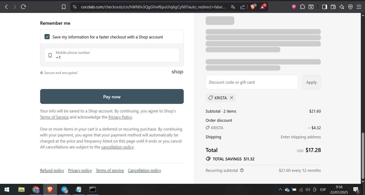 Cocolab promo code screenshot showing code KRISTA applied at Cocolab checkout page. Uploaded by SimplyCodes community member hazken on Jul 22, 2025