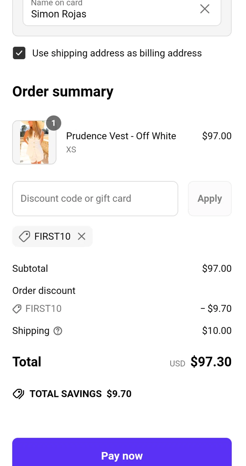 Cocolillys discount code screenshot showing code FIRST10 applied at Cocolillys checkout page. Uploaded by SimplyCodes community member Enmanuel17 on Apr 8, 2025