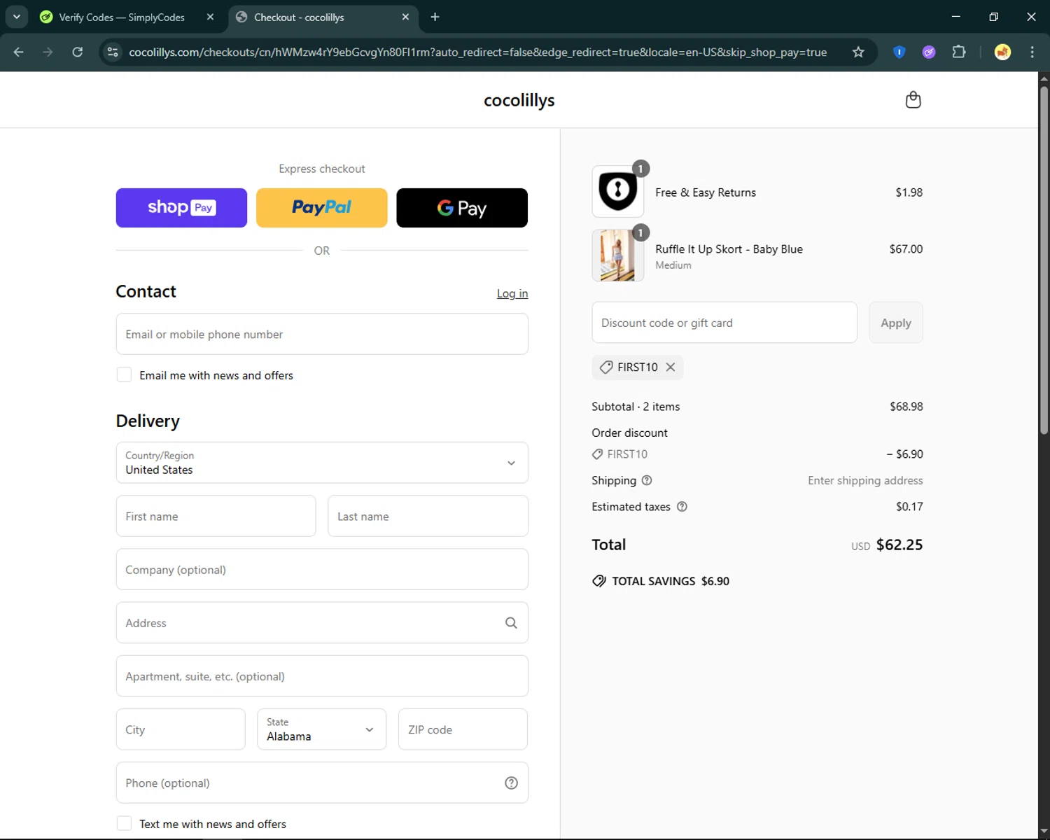 Cocolillys discount code screenshot showing code FIRST10 applied at Cocolillys checkout page. Uploaded by SimplyCodes community member SmartFinder4193 on Jun 26, 2025