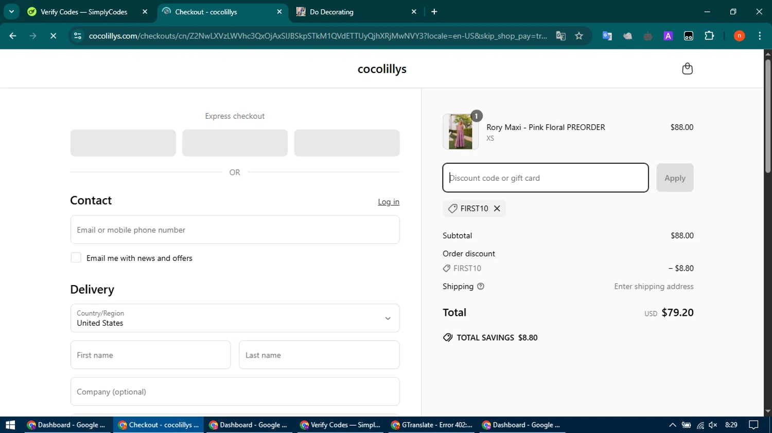 Cocolillys discount code screenshot showing code FIRST10 applied at Cocolillys checkout page. Uploaded by SimplyCodes community member CoinMaven895 on Apr 8, 2025