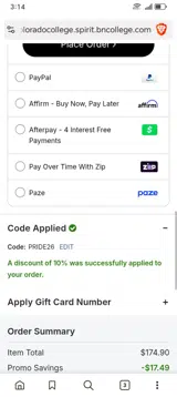 Colorado College Tigers coupon verification screenshot