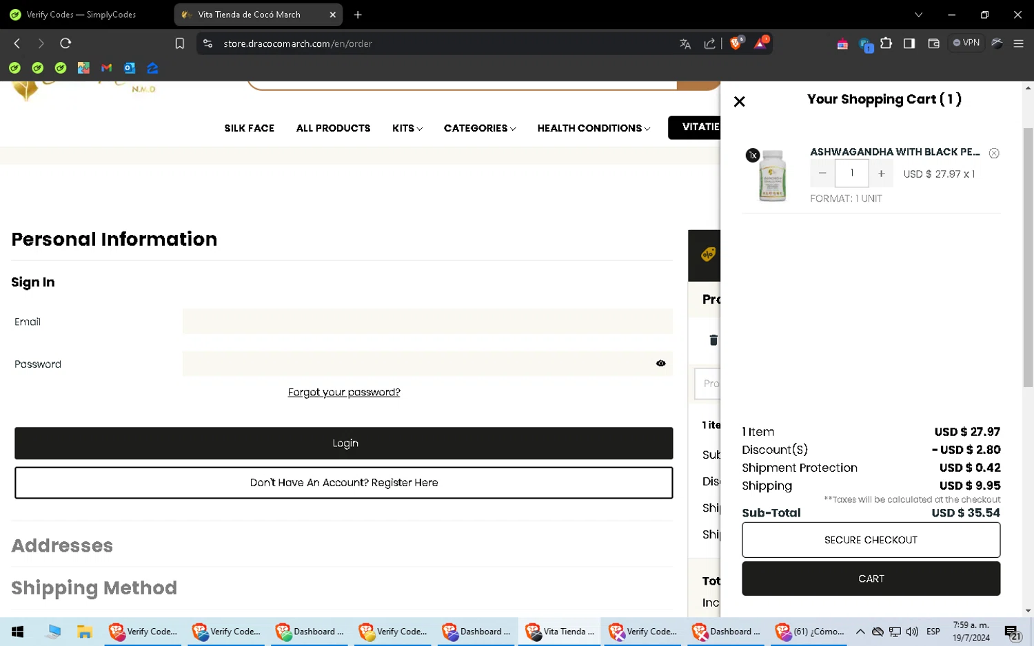 Coco March Vita Tienda checkout page showing Coco March Vita Tienda promo code box | Screenshot taken by SimplyCodes community member on Jul 19, 2024