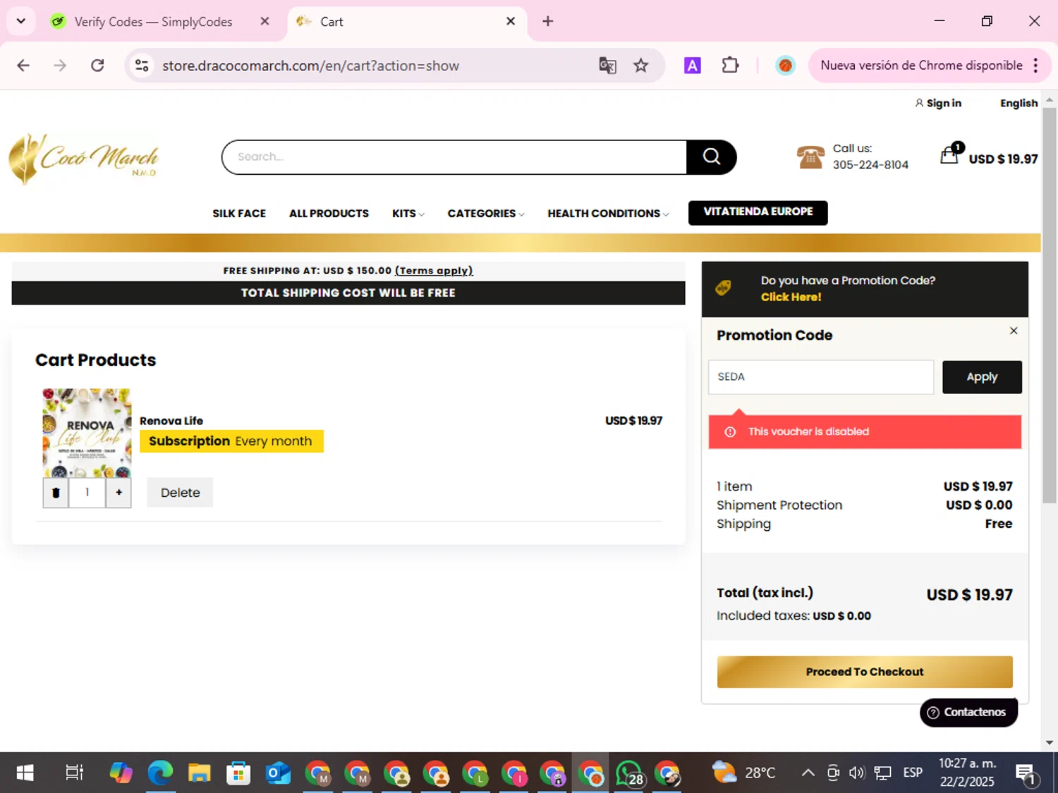 Coco March Vita Tienda promo code screenshot showing code SEDA applied at Coco March Vita Tienda checkout page. Uploaded by SimplyCodes community member ShieldDefender9117 on Feb 22, 2025