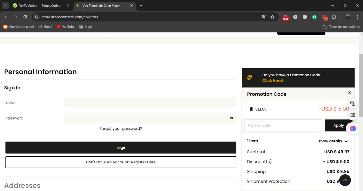 Coco March Vita Tienda checkout page showing Coco March Vita Tienda promo code box | Screenshot taken by SimplyCodes community member on Jun 20, 2024