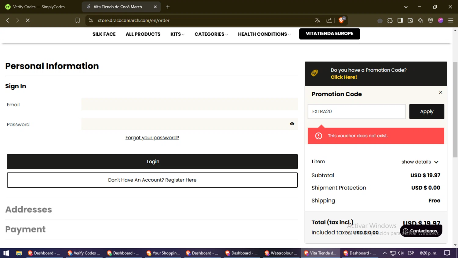 Coco March Vita Tienda promo code screenshot showing code EXTRA20 applied at Coco March Vita Tienda checkout page. Uploaded by SimplyCodes community member Gluttony on Mar 8, 2025