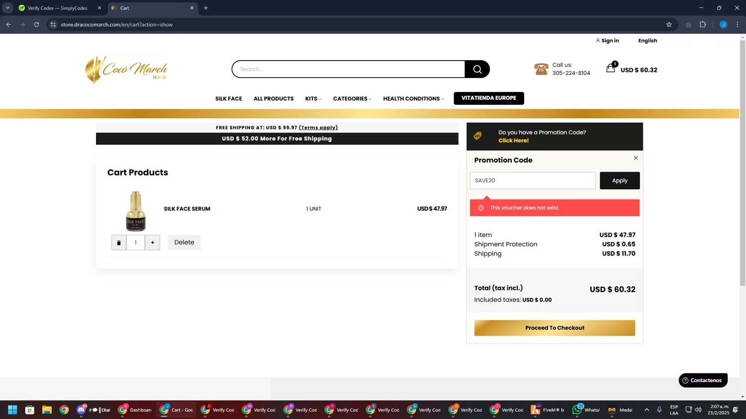 Coco March Vita Tienda promo code screenshot showing code SAVE20 applied at Coco March Vita Tienda checkout page. Uploaded by SimplyCodes community member BargainGuardian280 on Feb 23, 2025