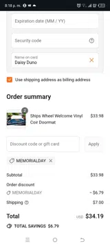 MEMORIALDAY coupon verification screenshot