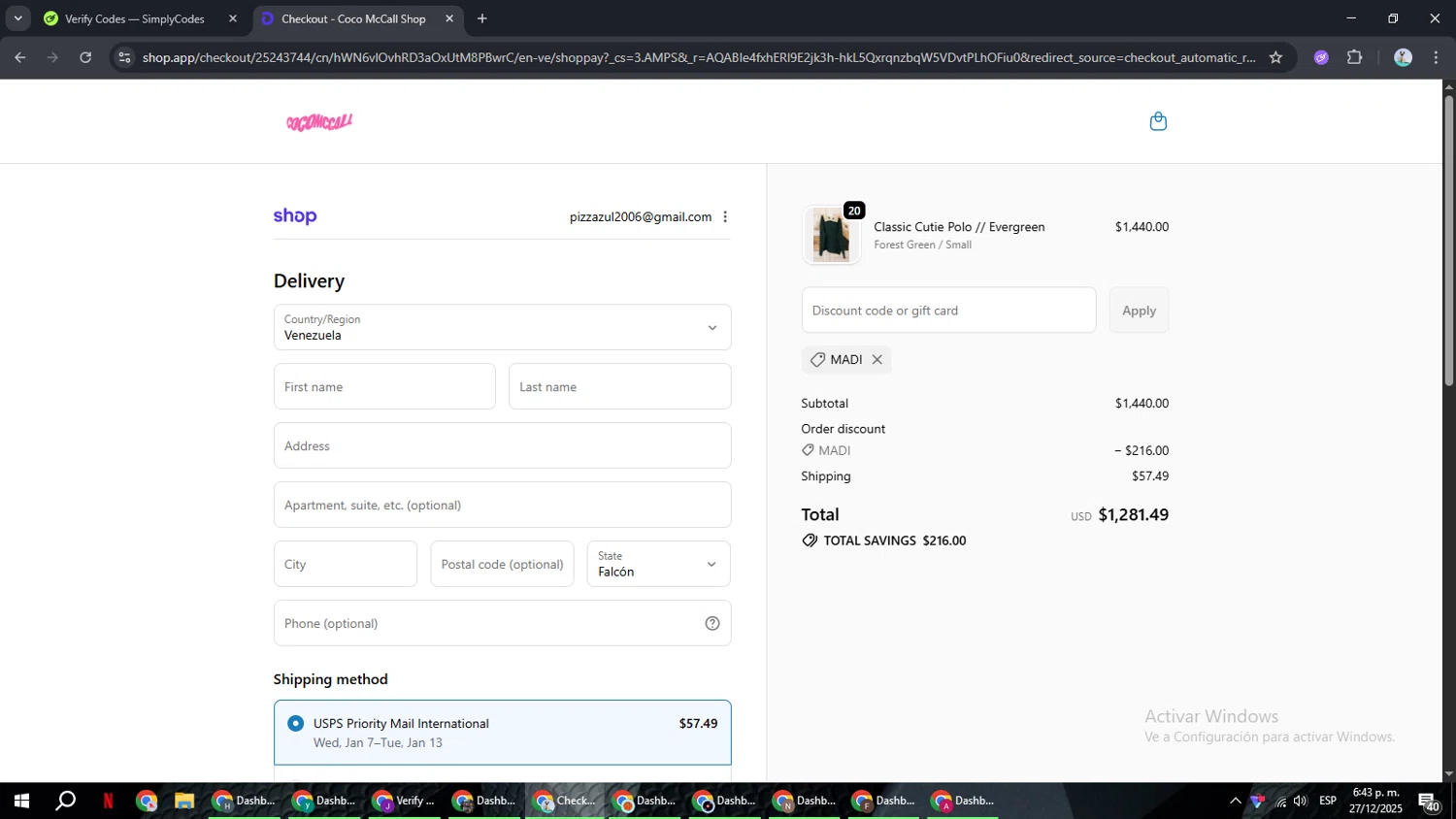 Coco McCall Shop promo code screenshot showing code Madi applied at Coco McCall Shop checkout page. Uploaded by SimplyCodes community member ShrewdSeeker6165 on Dec 27, 2025