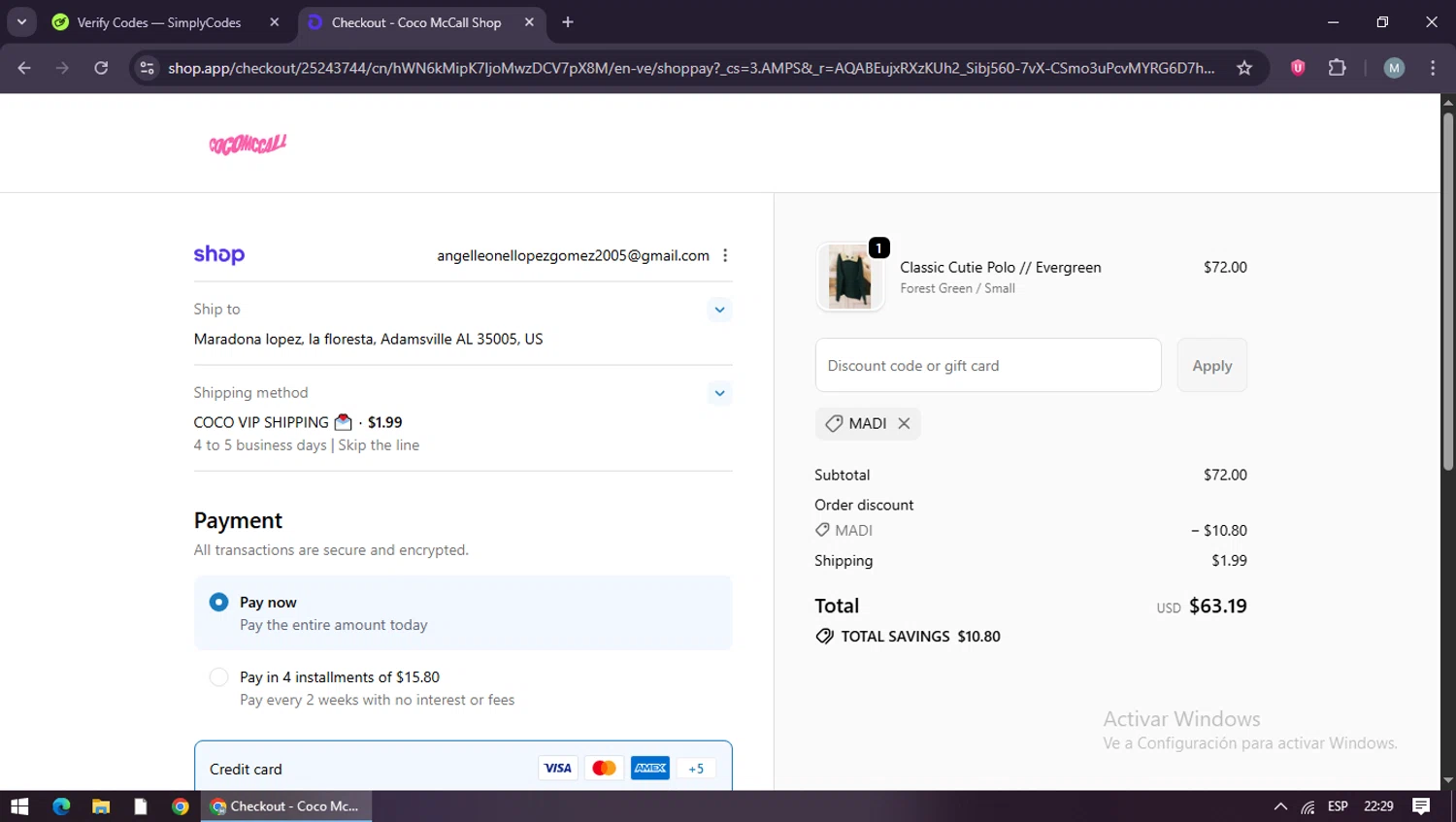 Coco McCall Shop promo code screenshot showing code Madi applied at Coco McCall Shop checkout page. Uploaded by SimplyCodes community member maraxo on Dec 23, 2025