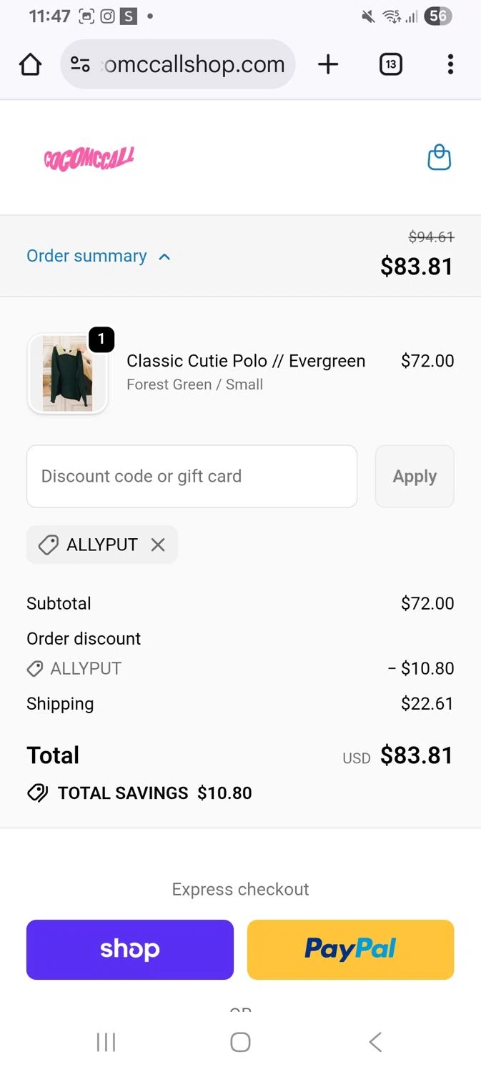 Coco McCall Shop promo code screenshot showing code Allyput applied at Coco McCall Shop checkout page. Uploaded by SimplyCodes community member KarinaHZ on Dec 24, 2025
