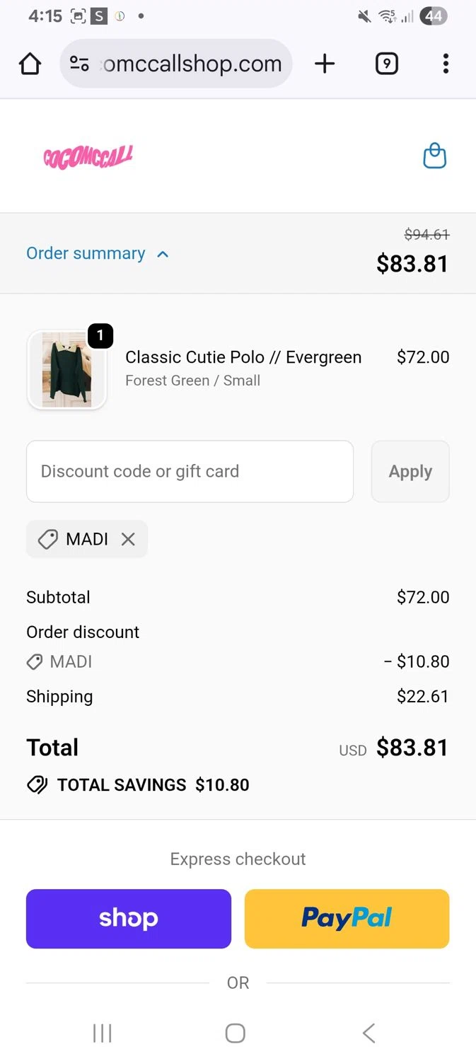 Coco McCall Shop promo code screenshot showing code Madi applied at Coco McCall Shop checkout page. Uploaded by SimplyCodes community member KarinaHZ on Dec 11, 2025