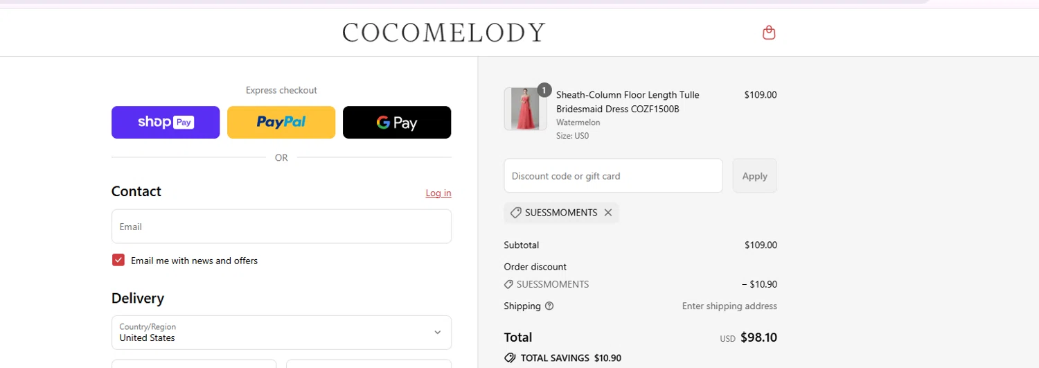 Cocomelody promo code screenshot showing code SUESSMOMENTS applied at Cocomelody checkout page. Uploaded by SimplyCodes community member Rojita18 on Jul 18, 2025