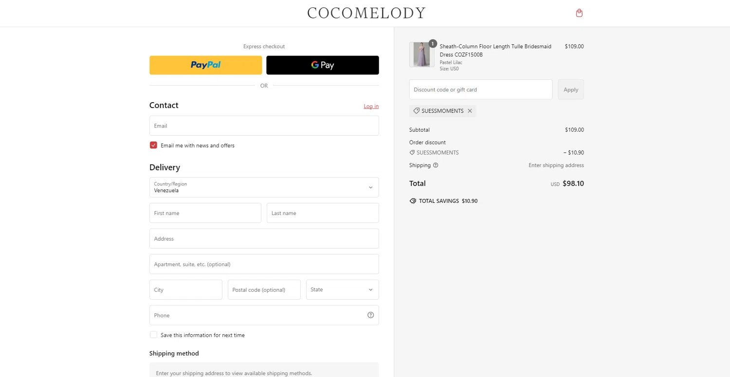 Cocomelody promo code screenshot showing code SUESSMOMENTS applied at Cocomelody checkout page. Uploaded by SimplyCodes community member VoucherLynx1047 on Feb 1, 2025